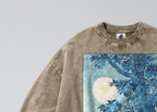 Oversized Snow Washed Cotton Sweatshirt - Japanese Tree & Full Moon Print