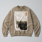 Oversized Snow Washed Cotton Sweatshirt - Japanese Dragon & Mountain Print