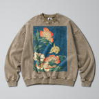 Oversized Snow Washed Cotton Sweatshirt - Japanese Flowers & Canary Print