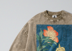 Oversized Snow Washed Cotton Sweatshirt - Japanese Flowers & Canary Print