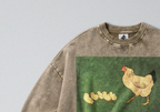 Oversized Snow Washed Cotton Sweatshirt - Hen & Chicks Print