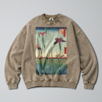 Oversized Snow Washed Cotton Sweatshirt - Japanese Iris Garden Print