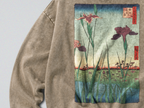 Oversized Snow Washed Cotton Sweatshirt - Japanese Iris Garden Print