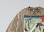 Oversized Snow Washed Cotton Sweatshirt - Japanese Iris Garden Print