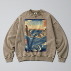 Oversized Snow Washed Cotton Sweatshirt - Japanese Crashing Ocean Print