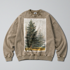 Oversized Snow Washed Cotton Sweatshirt - Pine Tree Forest Print