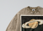 Oversized Snow Washed Cotton Sweatshirt - Saturn in Outer Space Print