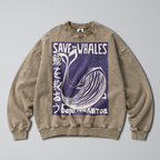 Oversized Snow Washed Cotton Sweatshirt - Save the Whales Print