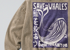 Oversized Snow Washed Cotton Sweatshirt - Save the Whales Print