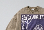 Oversized Snow Washed Cotton Sweatshirt - Save the Whales Print