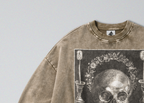 Oversized Snow Washed Cotton Sweatshirt - Memento Mori & Human Skull Print