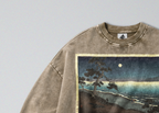 Oversized Snow Washed Cotton Sweatshirt - Japanese Beach Landscape Print