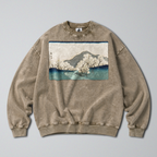 Oversized Snow Washed Cotton Sweatshirt - Japanese Mountain Landscape Print