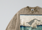 Oversized Snow Washed Cotton Sweatshirt - Japanese Mountain Landscape Print