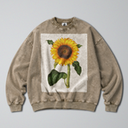 Oversized Snow Washed Cotton Sweatshirt - Minimalist Sunflower Print