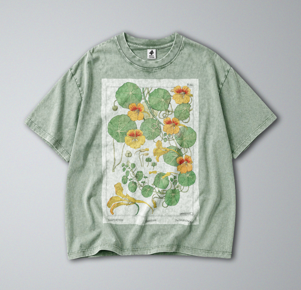 Oversized Snow Washed Cotton Tee - Vibrant Capucine Flower Print