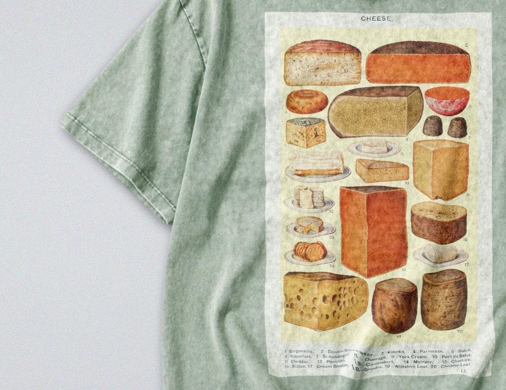 Oversized Snow Washed Cotton Tee - Retro Cheese Collection Print