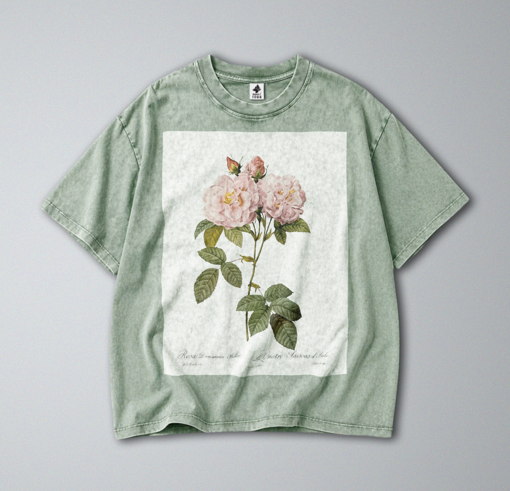 Oversized Snow Washed Cotton Tee - Minimalist & Botanical Pink Roses Print