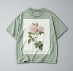 Oversized Snow Washed Cotton Tee - Minimalist & Botanical Pink Roses Print