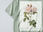 Oversized Snow Washed Cotton Tee - Minimalist & Botanical Pink Roses Print