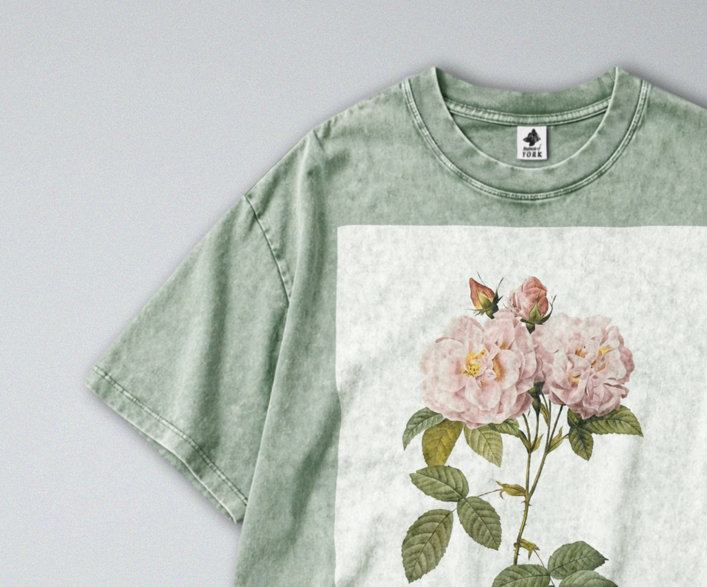 Oversized Snow Washed Cotton Tee - Minimalist & Botanical Pink Roses Print