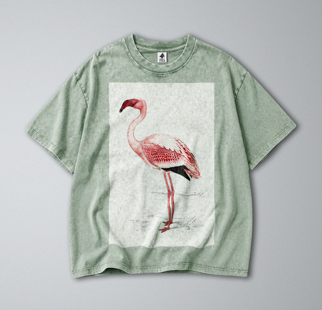 Oversized Snow Washed Cotton Tee - Pink Flamingo Print