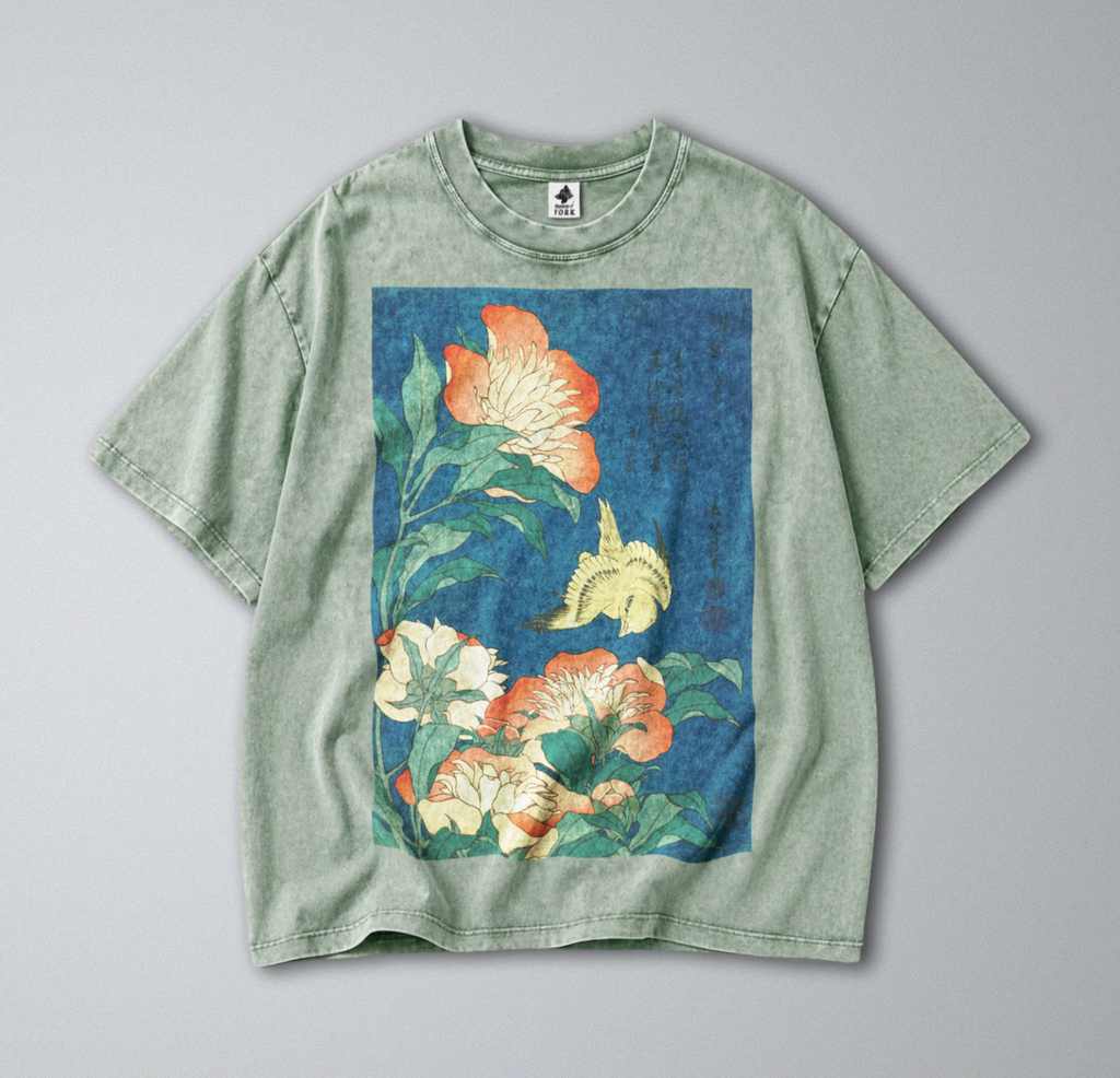 Oversized Snow Washed Cotton Tee - Japanese Floral & Canary Print
