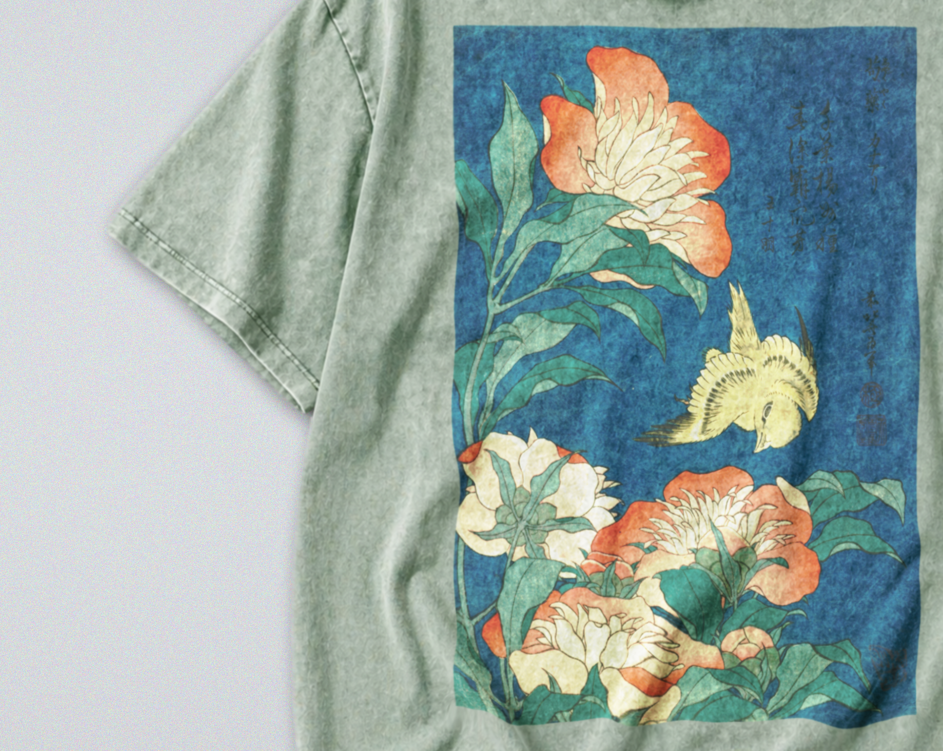 Oversized Snow Washed Cotton Tee - Japanese Floral & Canary Print