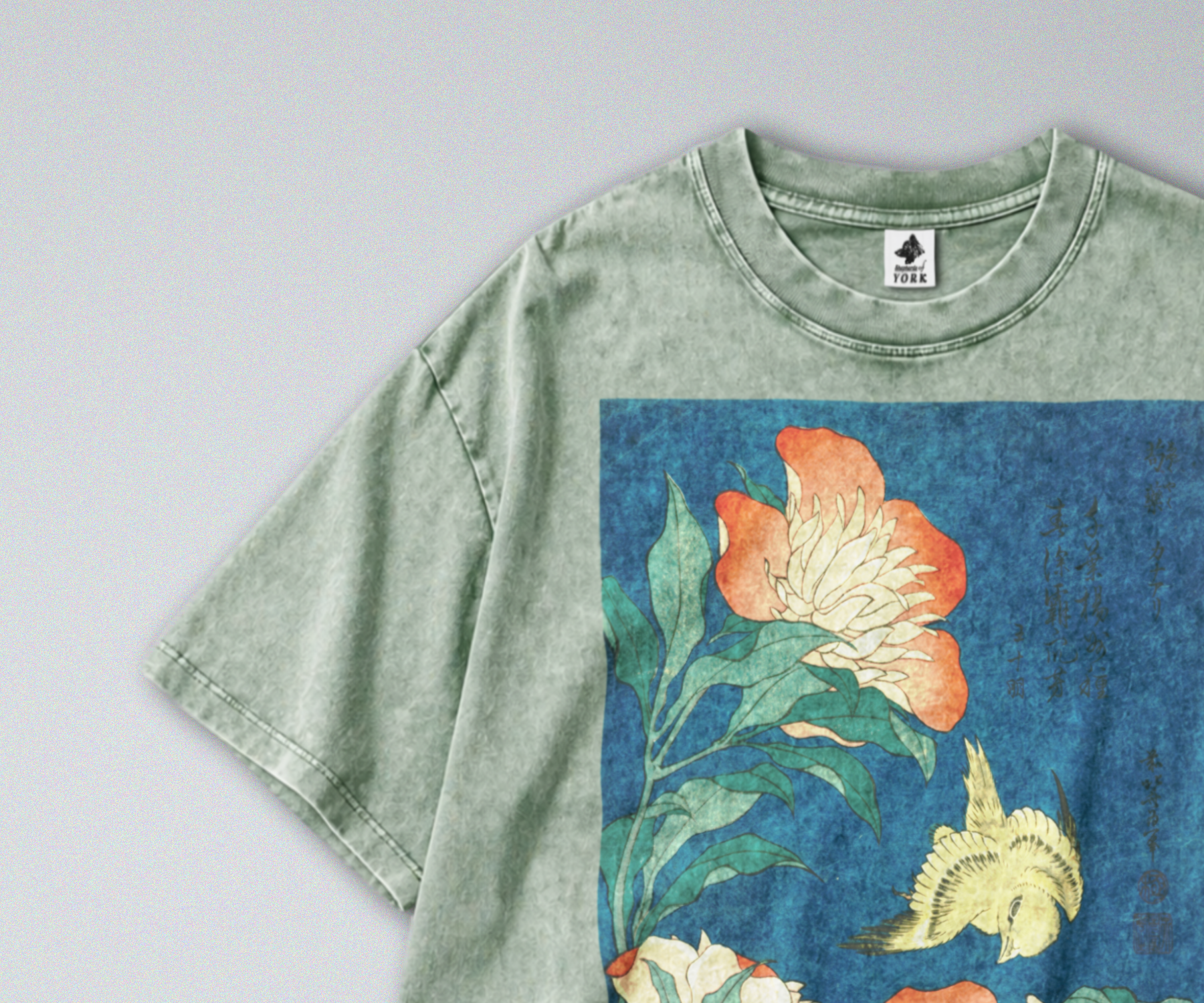 Oversized Snow Washed Cotton Tee - Japanese Floral & Canary Print