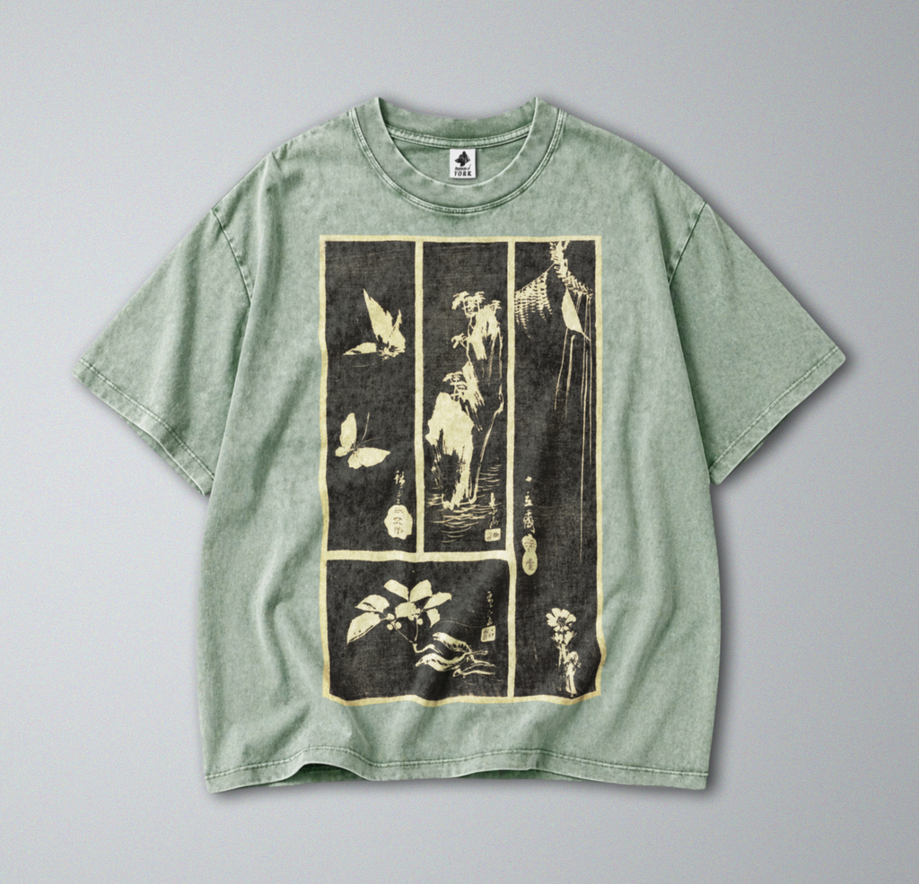 Oversized Snow Washed Cotton Tee - Japanese Botanical Harimaze Print