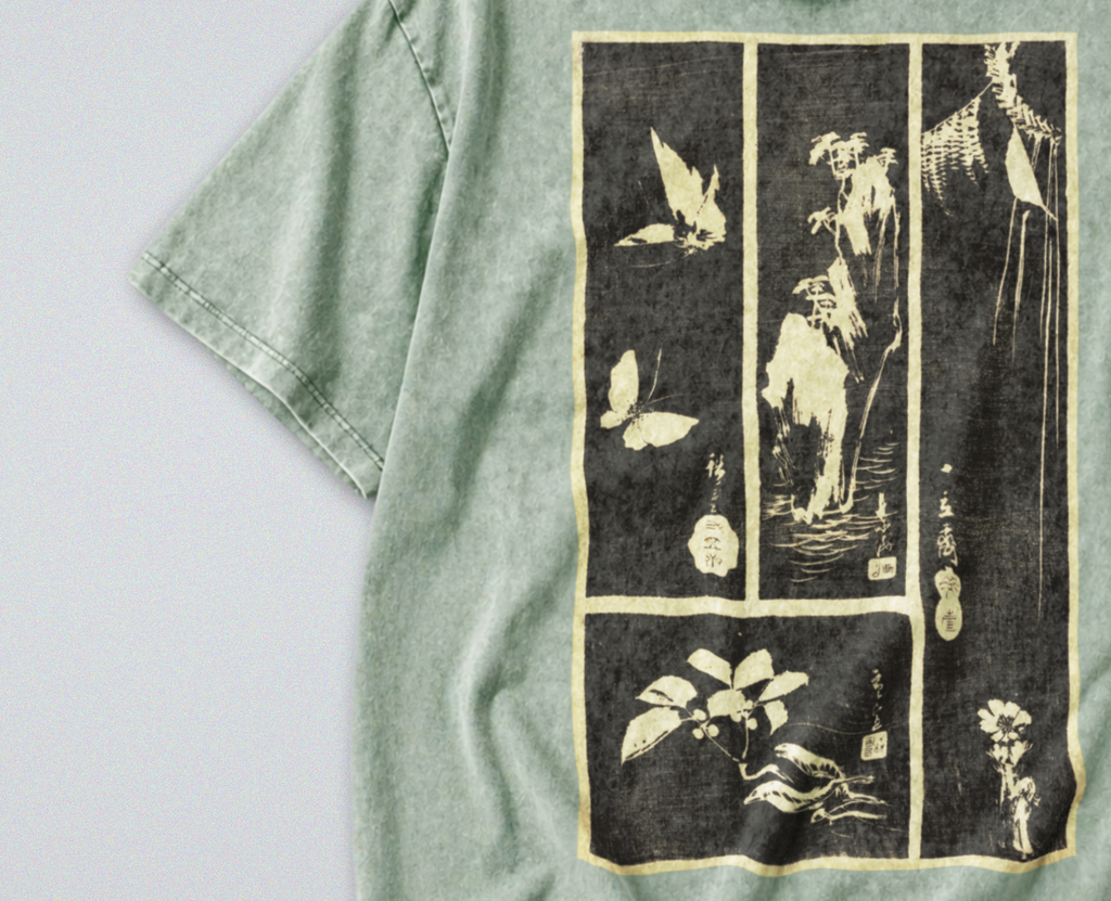 Oversized Snow Washed Cotton Tee - Japanese Botanical Harimaze Print