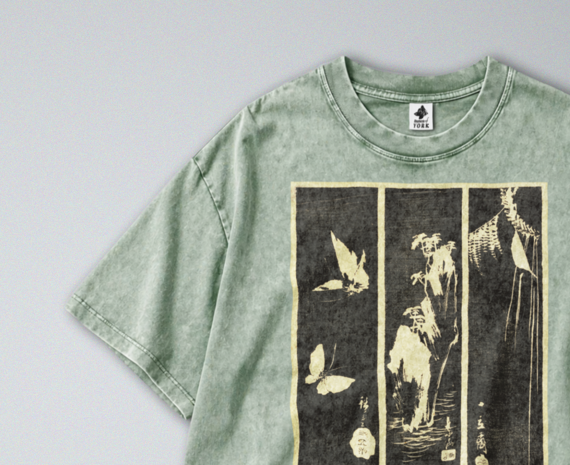 Oversized Snow Washed Cotton Tee - Japanese Botanical Harimaze Print