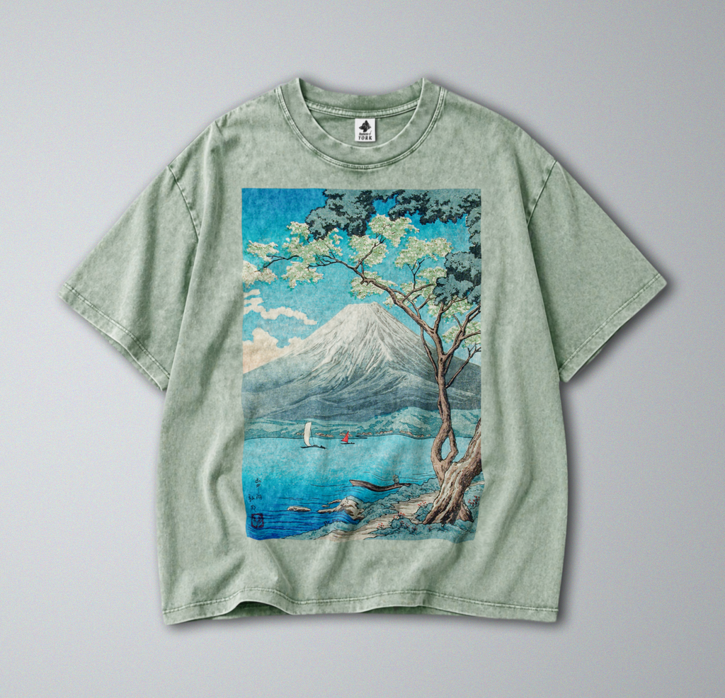 Oversized Snow Washed Cotton Tee - Japan's Mt Fuji Landscape Print