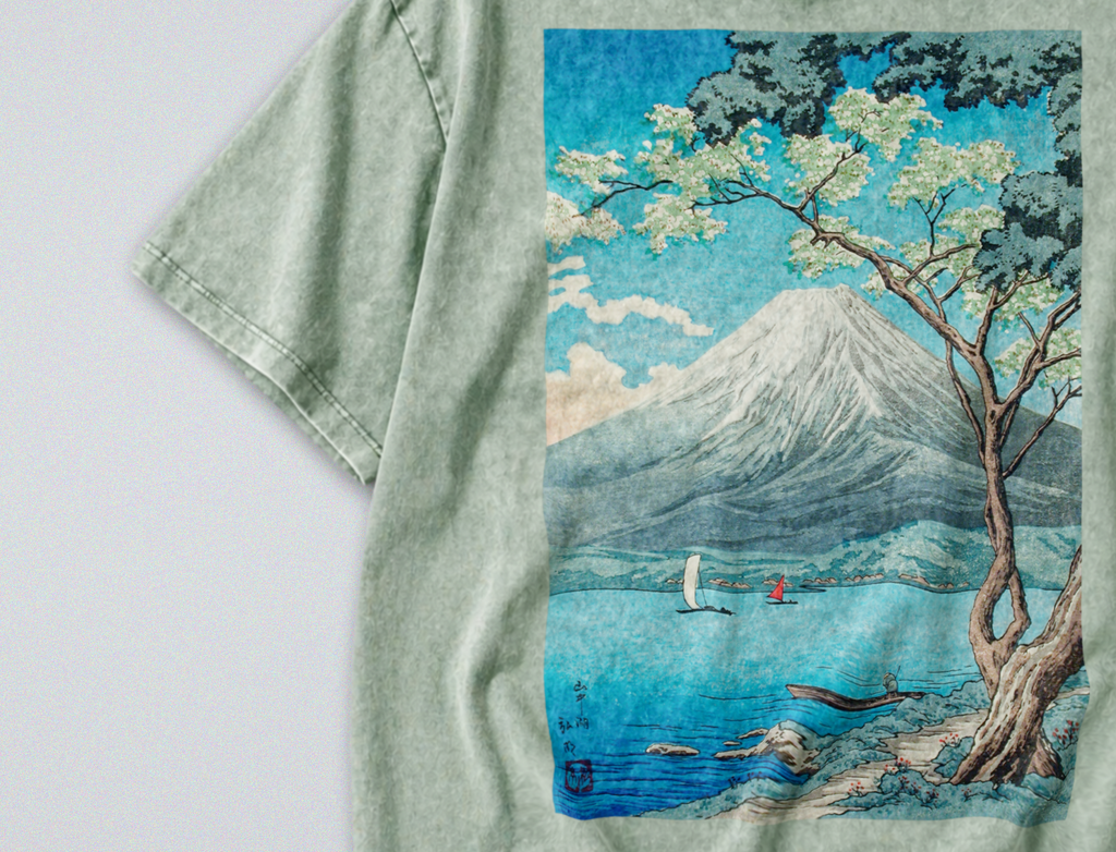 Oversized Snow Washed Cotton Tee - Japan's Mt Fuji Landscape Print