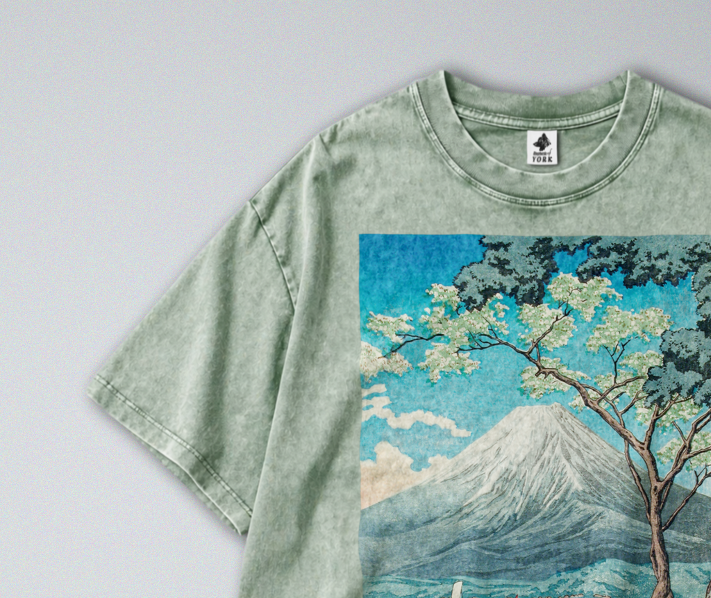 Oversized Snow Washed Cotton Tee - Japan's Mt Fuji Landscape Print