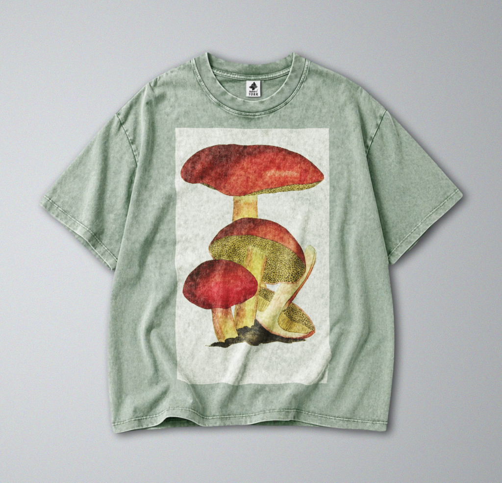 Oversized Snow Washed Cotton Tee - Cottagecore Mushroom Print