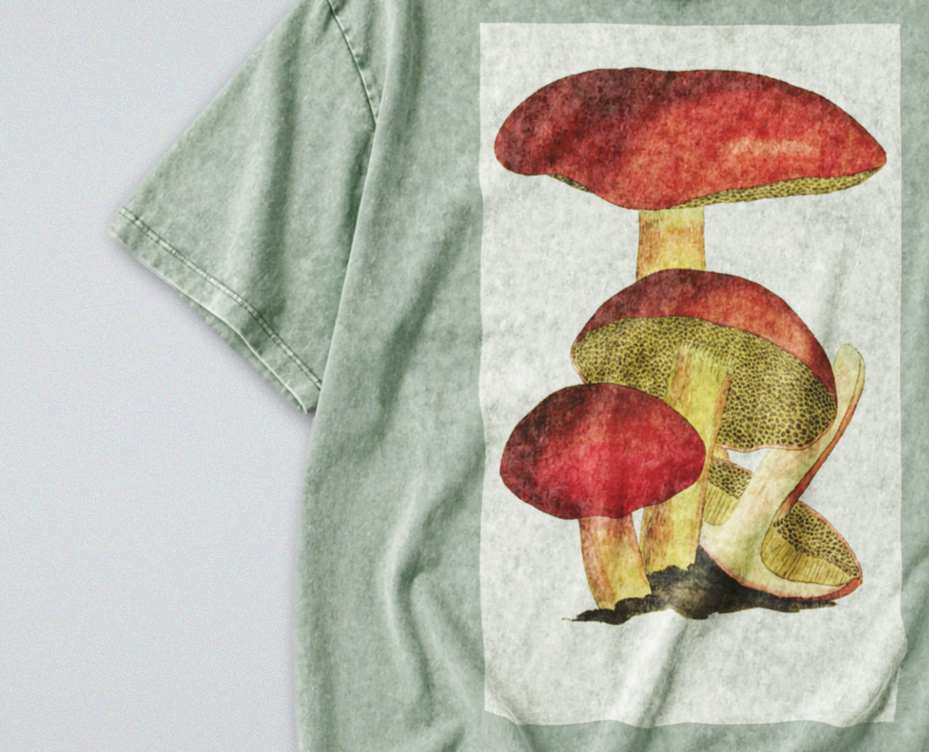 Oversized Snow Washed Cotton Tee - Cottagecore Mushroom Print