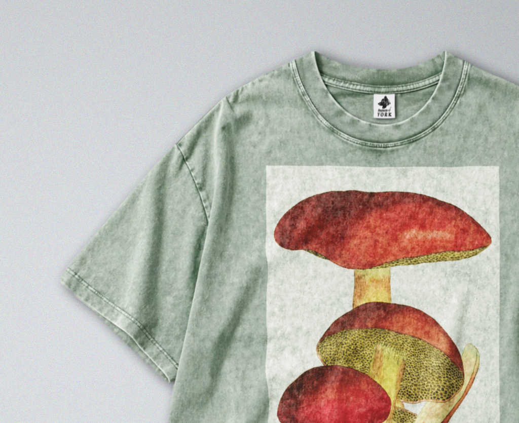 Oversized Snow Washed Cotton Tee - Cottagecore Mushroom Print