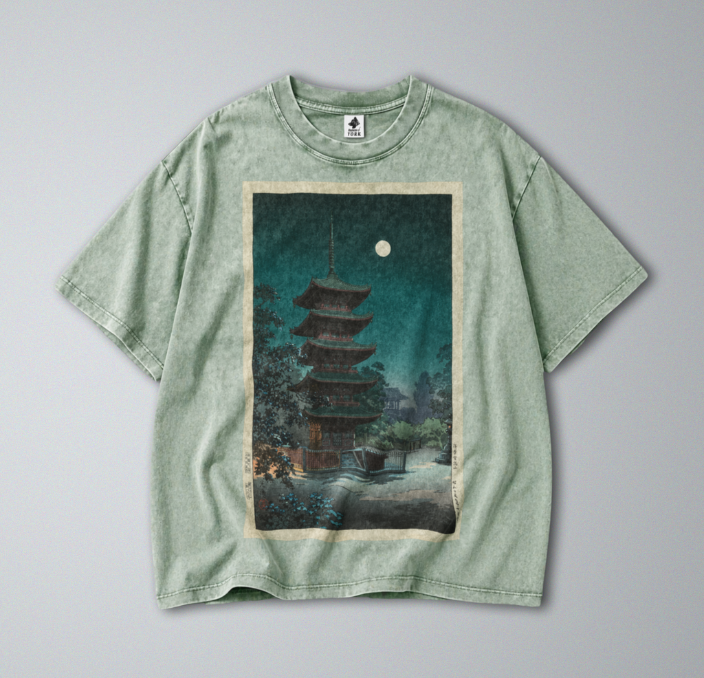Oversized Snow Washed Cotton Tee - Japan's Asakusa Kinryuzan Temple Print