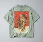 Oversized Snow Washed Cotton Tee - Cute Sleepy cat Print