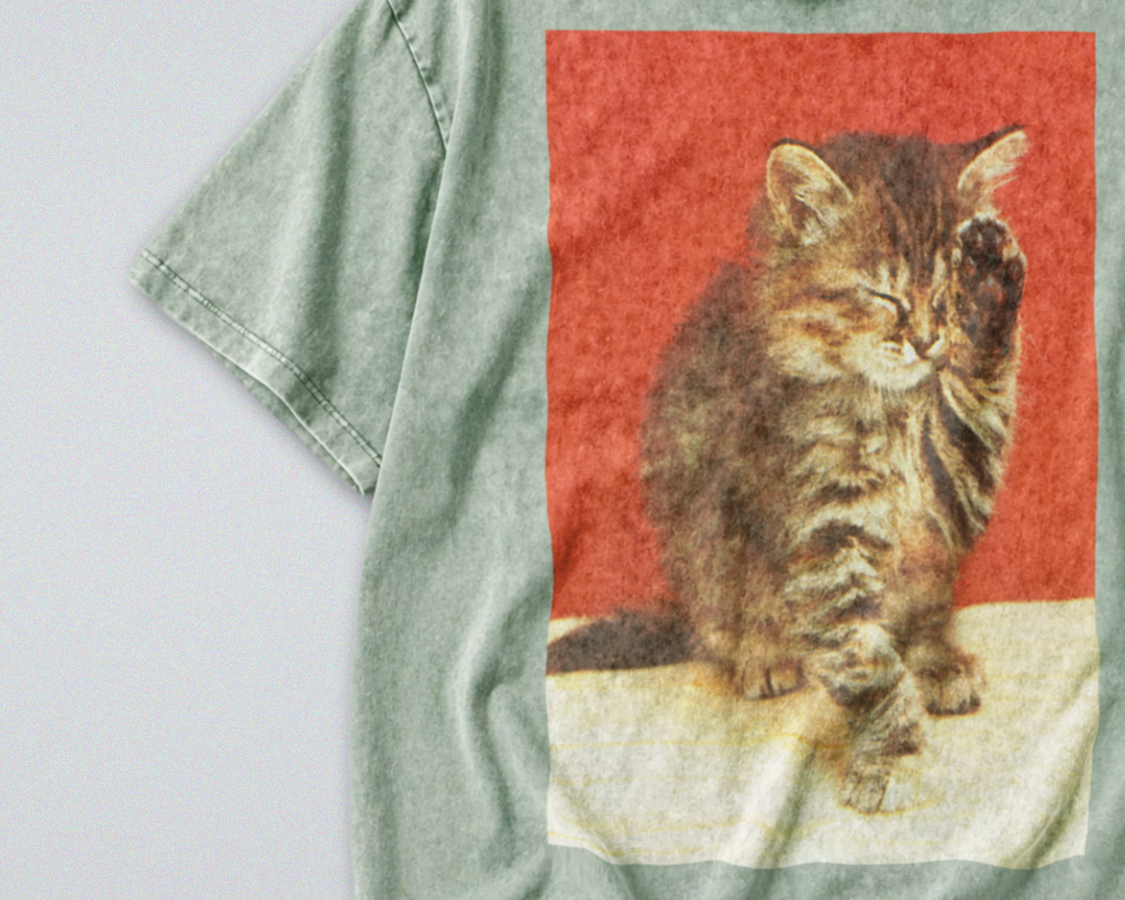 Oversized Snow Washed Cotton Tee - Cute Sleepy cat Print