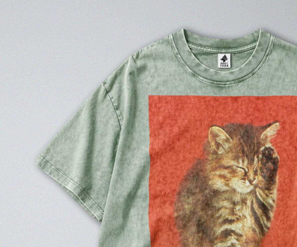 Oversized Snow Washed Cotton Tee - Cute Sleepy cat Print