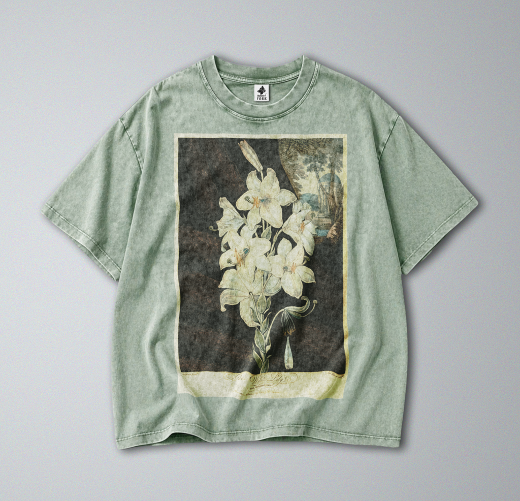 Oversized Snow Washed Cotton Tee - White Lily Flower Print