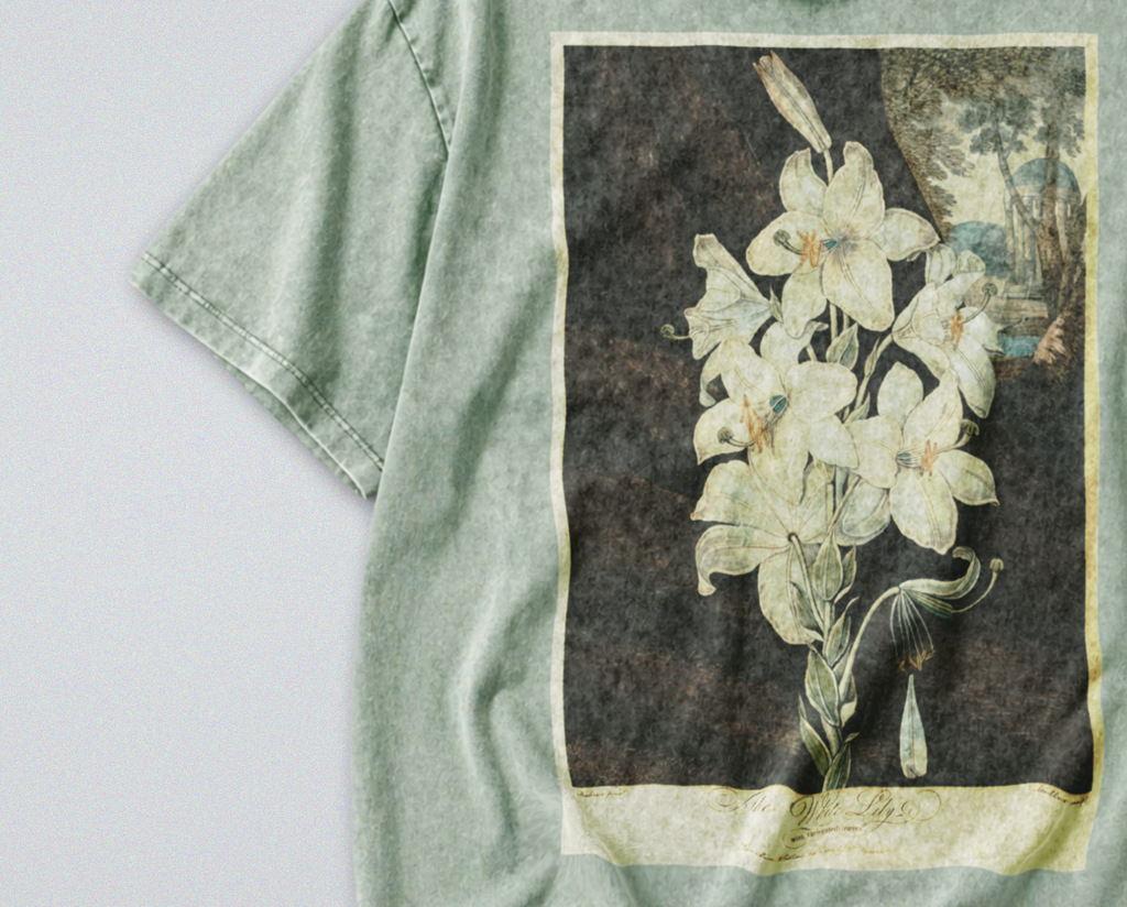 Oversized Snow Washed Cotton Tee - White Lily Flower Print