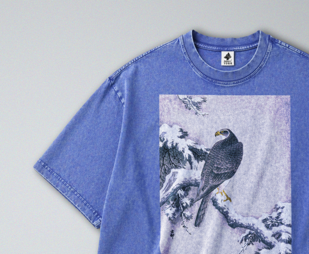 Oversized Snow Washed Cotton Tee - Hawk on Snowy Branch Print
