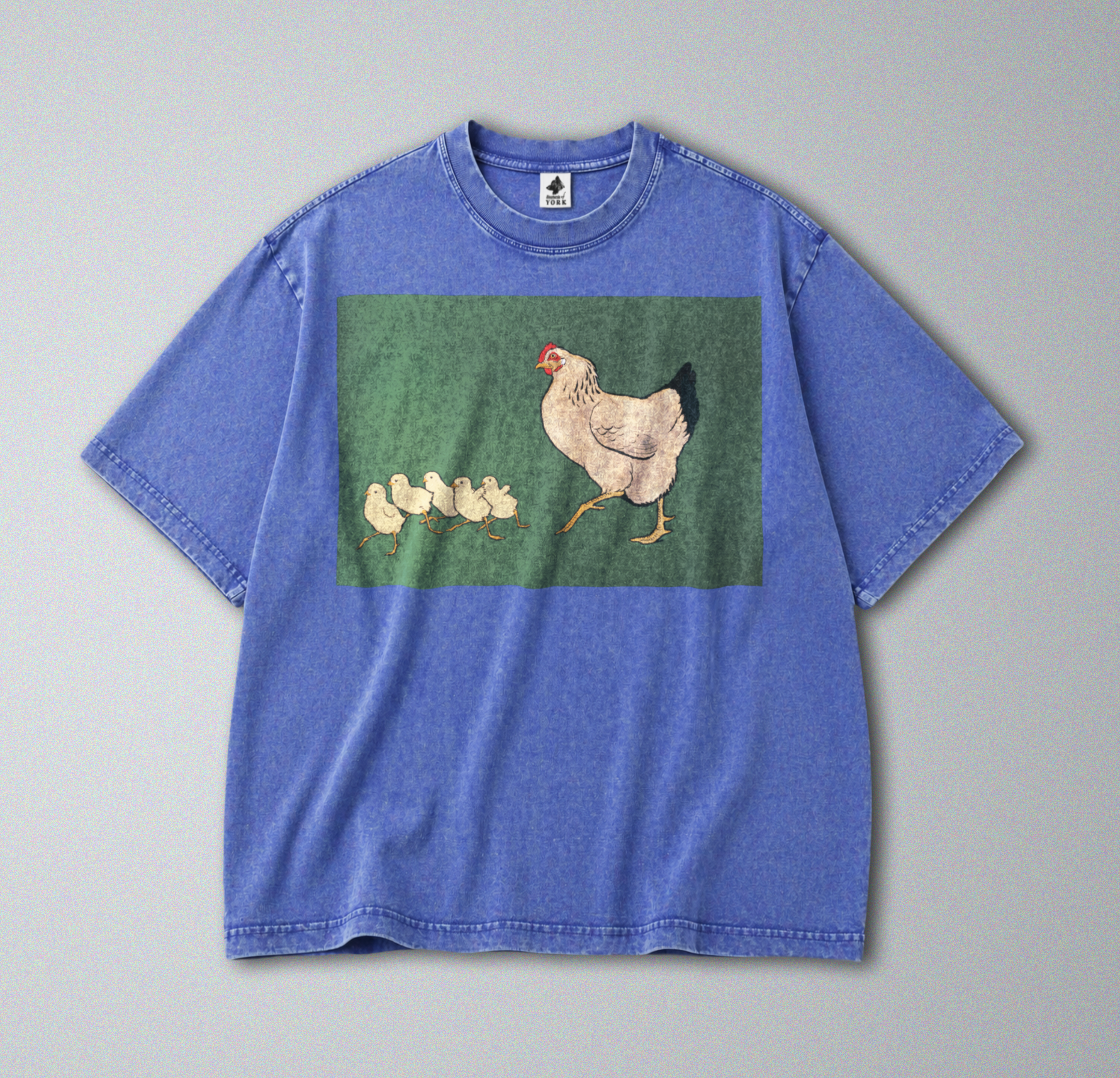 Oversized Snow Washed Cotton Tee - Cute Hen and Chicks Print
