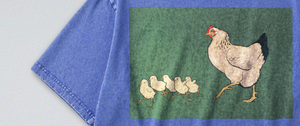 Oversized Snow Washed Cotton Tee - Cute Hen and Chicks Print