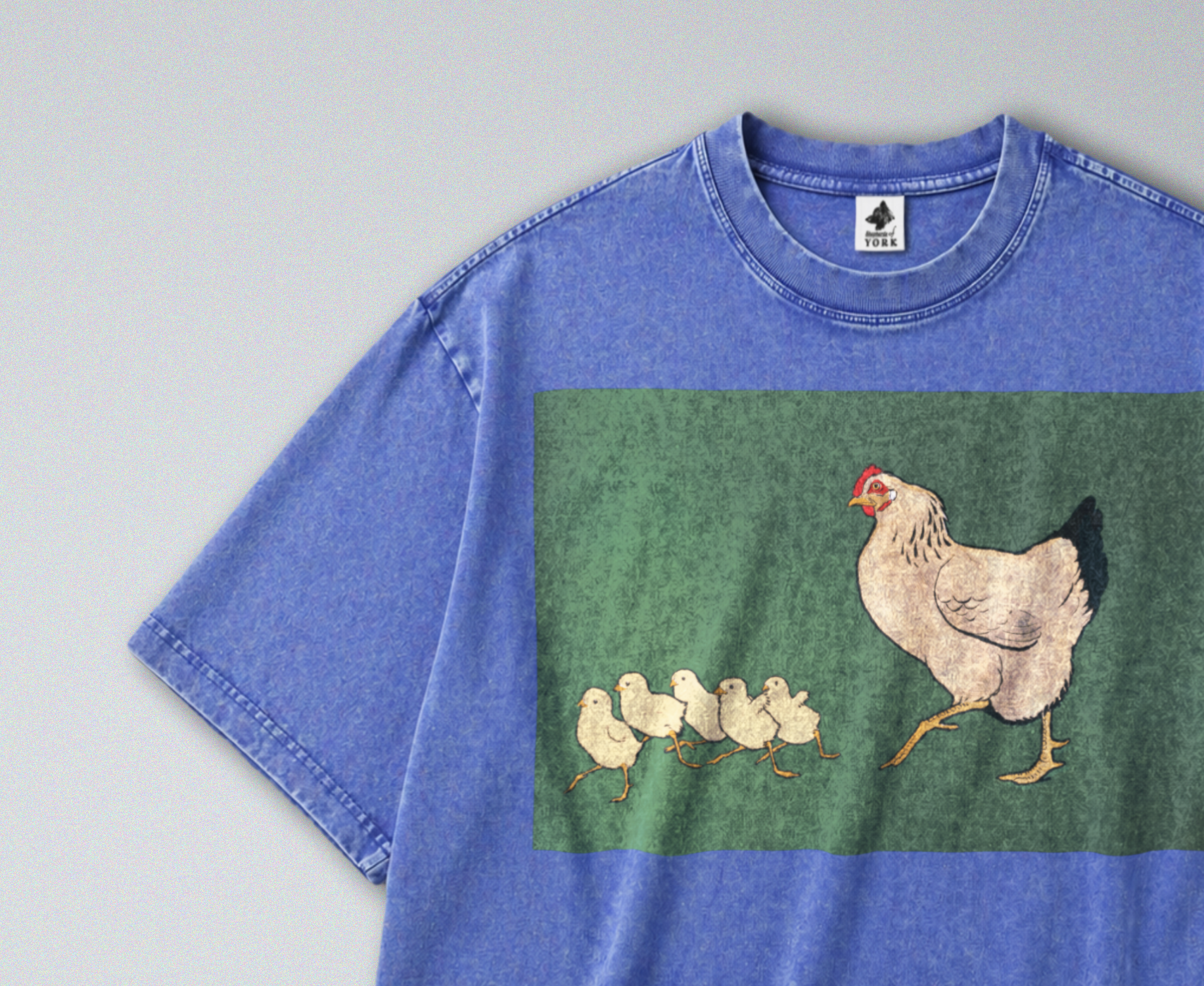 Oversized Snow Washed Cotton Tee - Cute Hen and Chicks Print