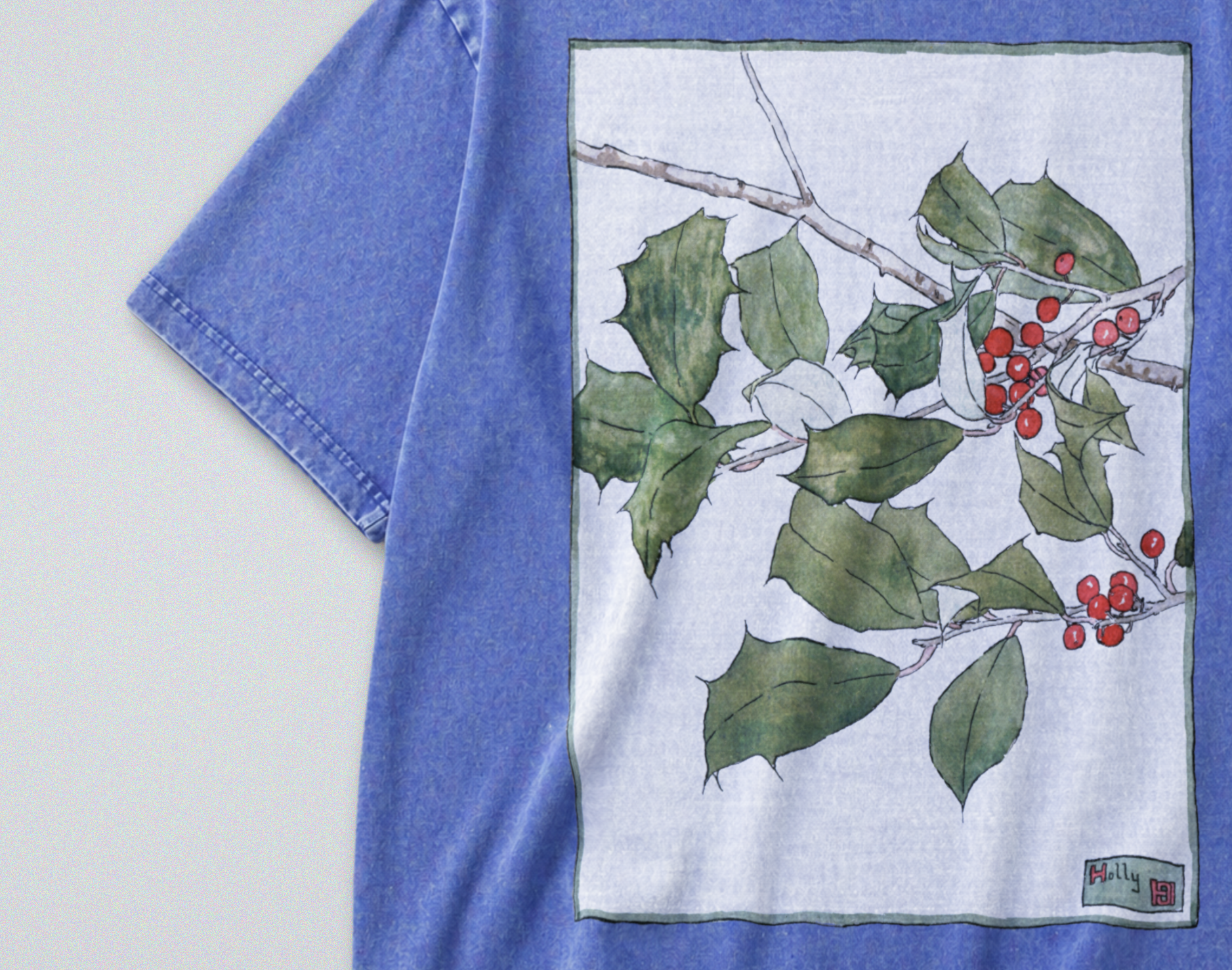 Oversized Snow Washed Cotton Tee - Holly Branch Botanical Print