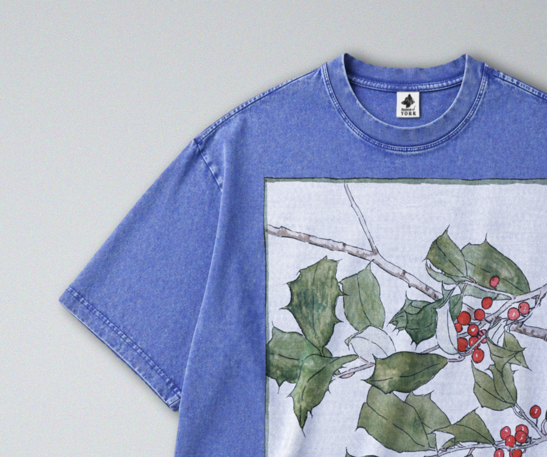 Oversized Snow Washed Cotton Tee - Holly Branch Botanical Print